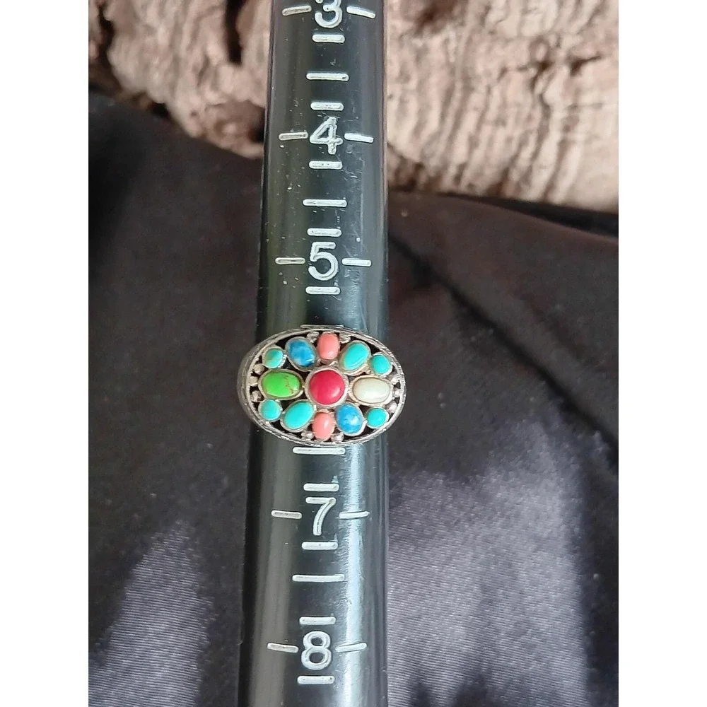 Turquoise, Red Coral Multi Stone Ring Turquoise, Red Coral Size 6/ 925 Sterlin